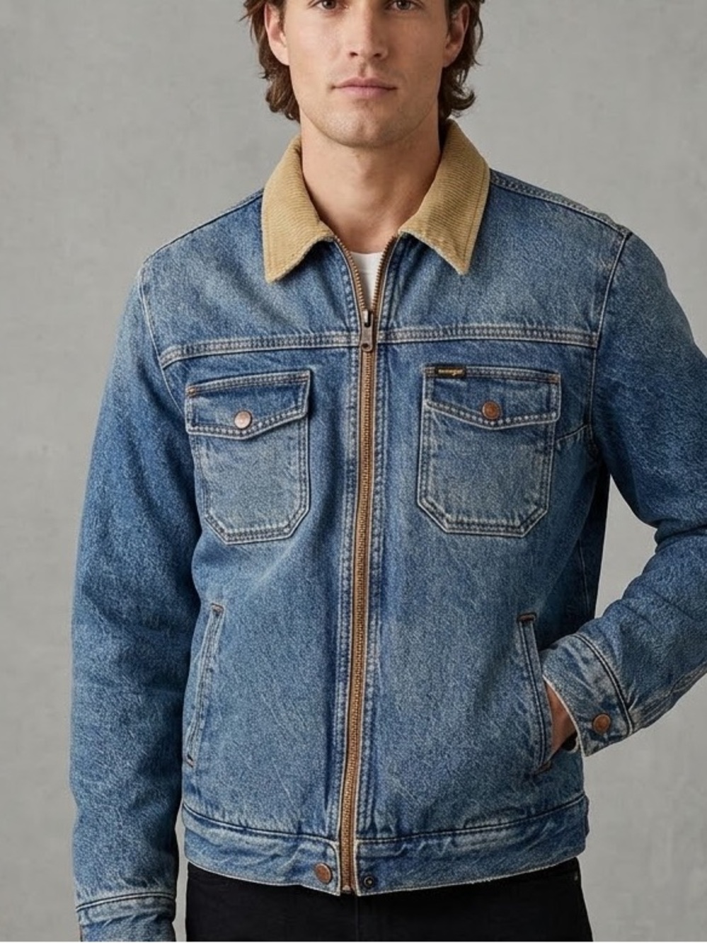 Vintage Vibe Wrangler Sherpa Denim Carpenter Jacket Corduroy Collar Size S
